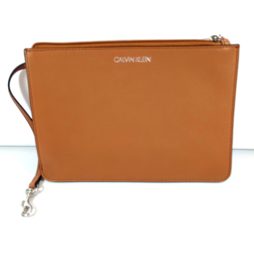 Calvin Klein Wristlet Pouch Cognac Brown Faux Leather Minimalist Clutch Bag